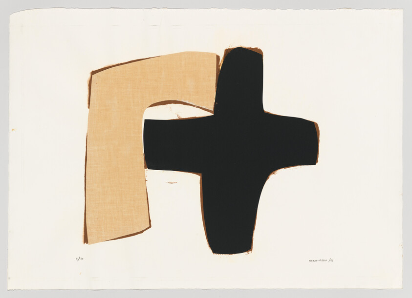 A large black cross-like shape overlaps a curved tan block on a white background.