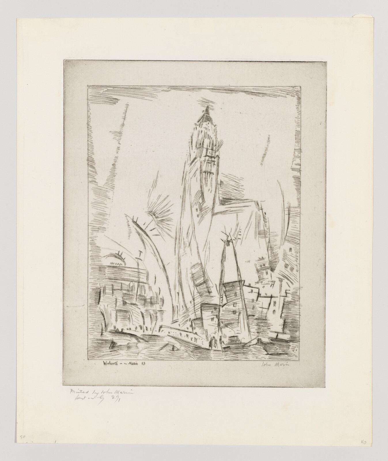 A tall leaning tower and surrounding distorted buildings in a rough etching style.