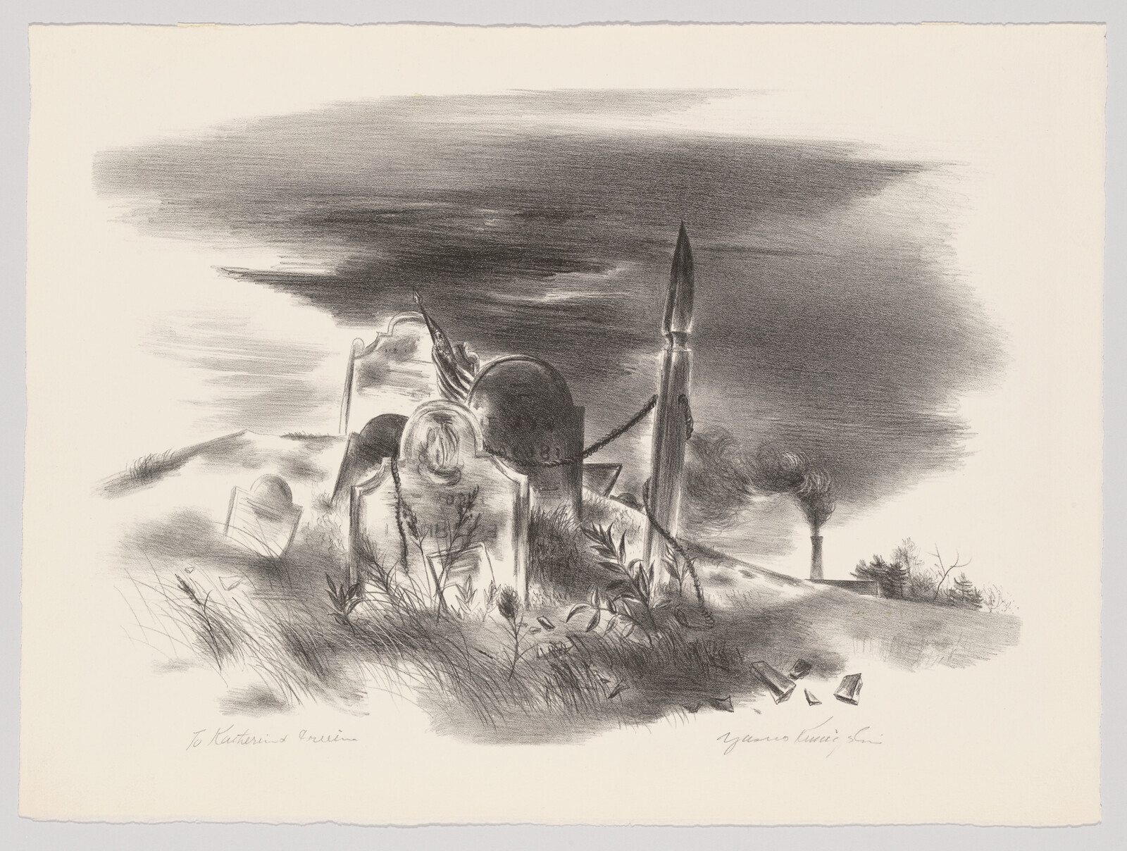 A battlefield grave marked by a broken helmet, rifle bayonet, and smoke rising in the distance.