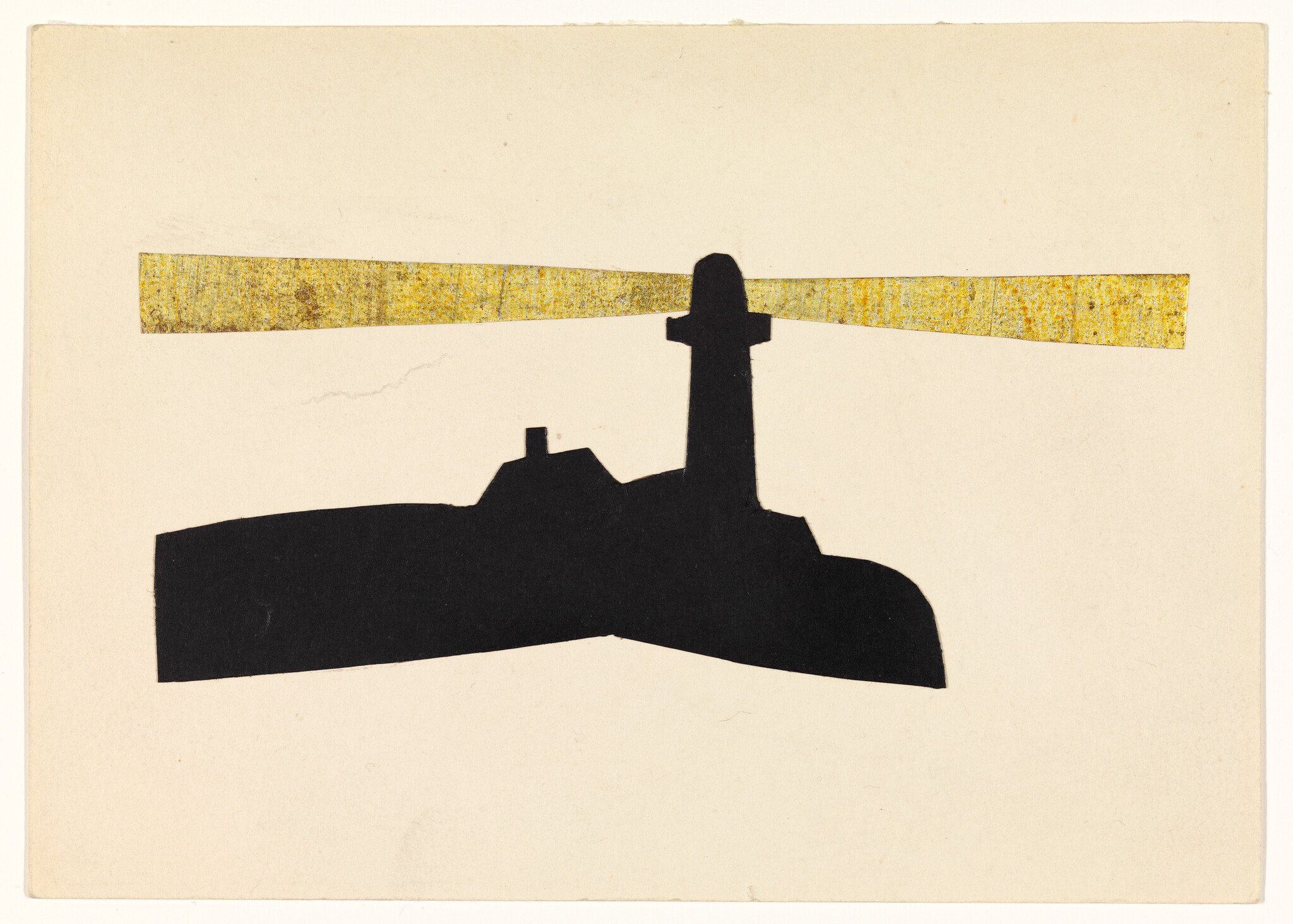 A black lighthouse silhouette on a hill casts two horizontal golden beams of light.