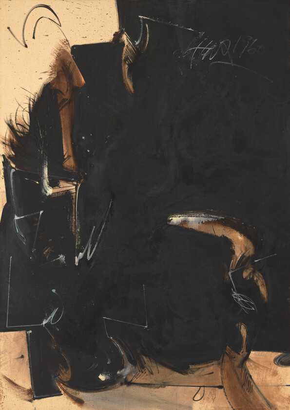 Large abstract painting dominated by a dense black shape with brown brushstrokes and white scribbles.