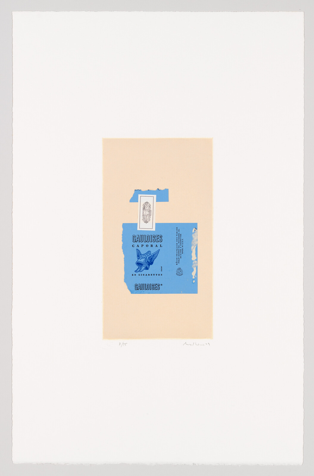 Blue Gauloises cigarette label centered on a pale beige rectangle with wide white margins.