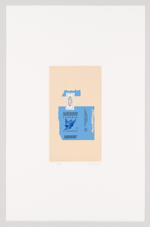Blue Gauloises cigarette label centered on a pale beige rectangle with wide white margins.
