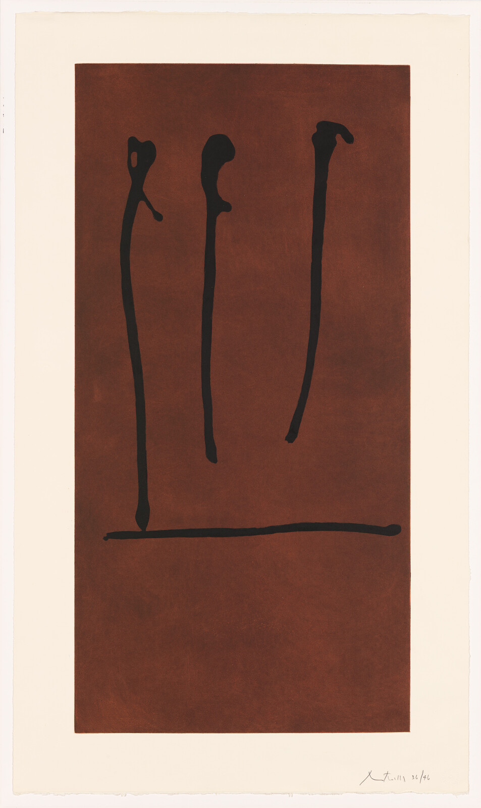 Three tall black vertical strokes above a horizontal black line on a deep brown background.