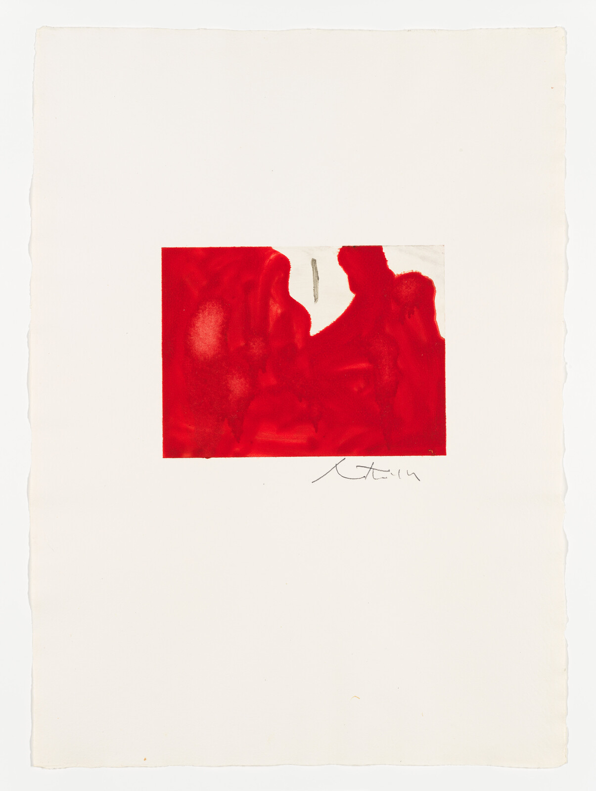 Small abstract red rectangle with white notch centered on large white sheet, artist signature below.