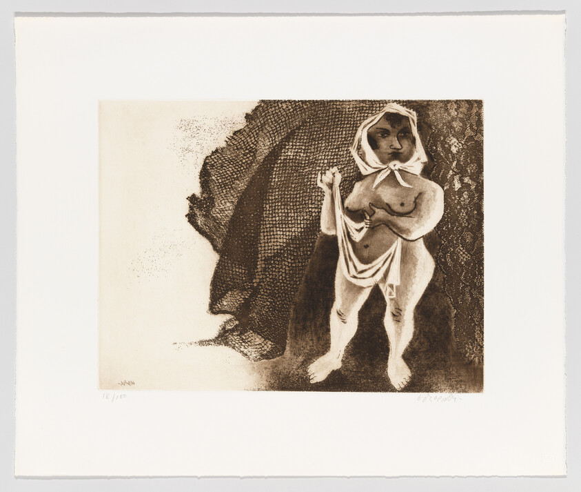 A small nude figure wearing a headscarf stands holding a cloth against a dark textured background.