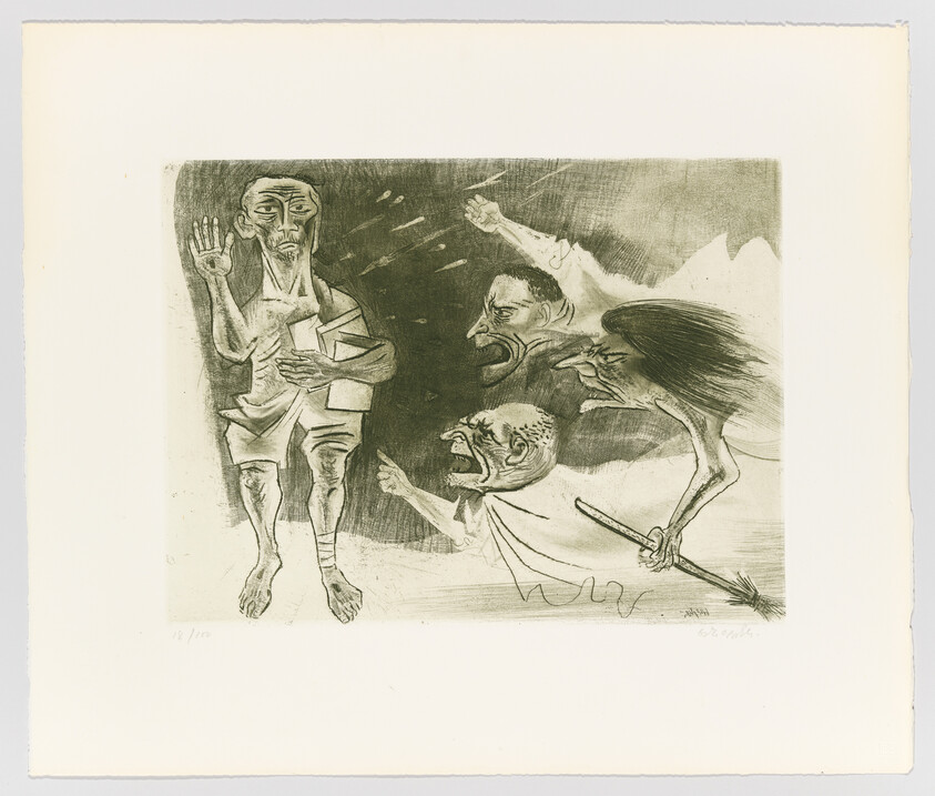 A thin man raises his hand while three angry, shouting figures advance with a spear.