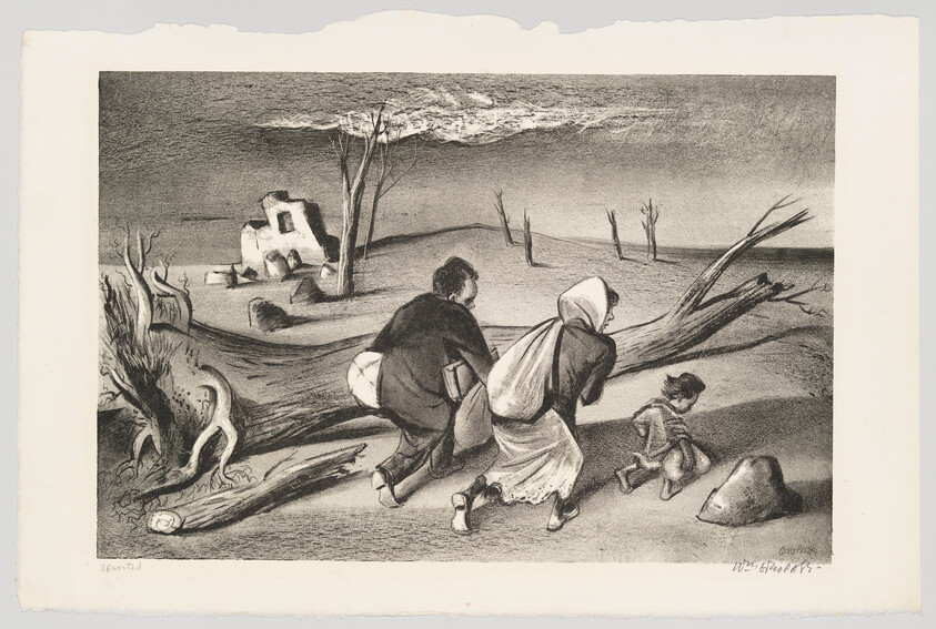 A small family hurries across a windblown, desolate landscape past a fallen tree toward ruined buildings.