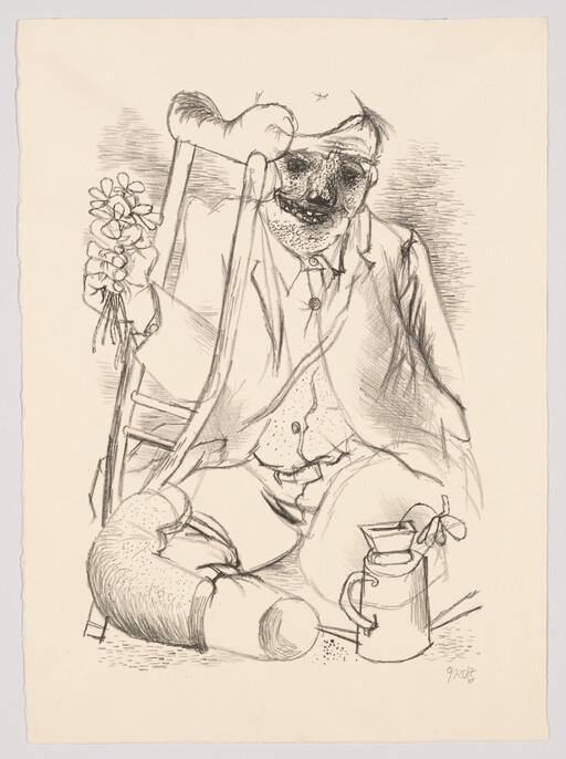 An elderly man sits with a crutch, holding flowers and a jug beside his prosthetic leg.