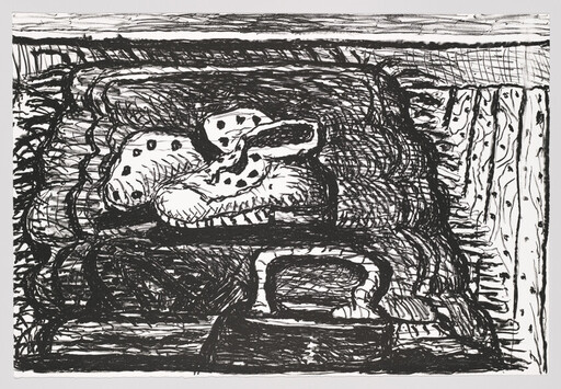 Worn spotted slippers rest on a folded blanket above an old flat iron on a shelf.