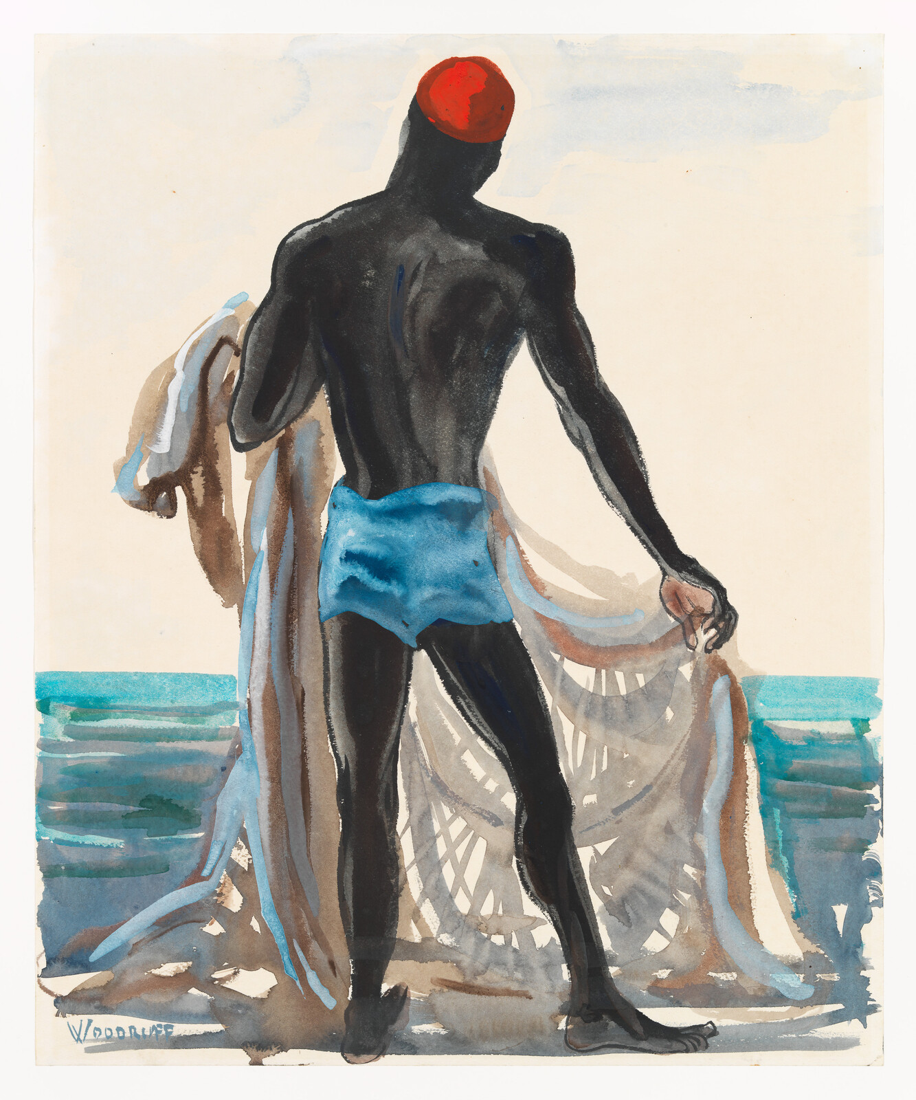 A watercolor painting depicting a figure from behind standing on a beach. The figure has dark skin, is wearing a bright blue swimsuit, and a red cap on their head. They are holding a light-colored fabric, possibly a towel or a piece of clothing, draped over their left arm and hand. The sea is visible in the background with varying shades of blue, and the sky is lightly colored, suggesting a sunny day. The artist's signature, "WOODRUFF," is visible in the bottom right corner.