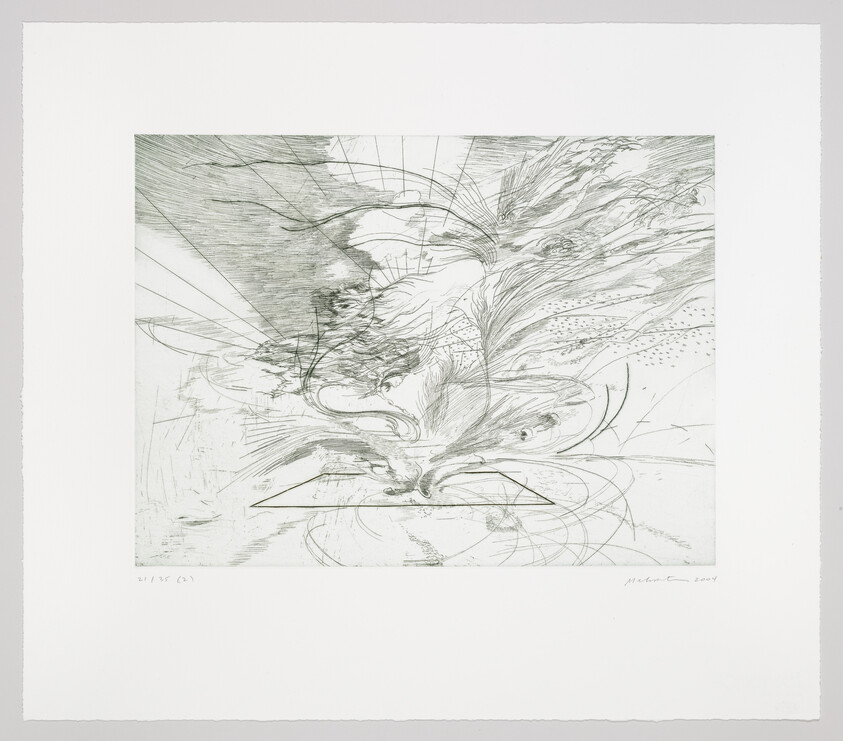 A black and white abstract etching with intricate lines and patterns that create a dynamic and fluid composition. The artwork is centered on a square piece of paper with ample white border space around it. The bottom of the image features a signature and a date indicating the year 2001, as well as a fraction, possibly denoting the print number in a series.