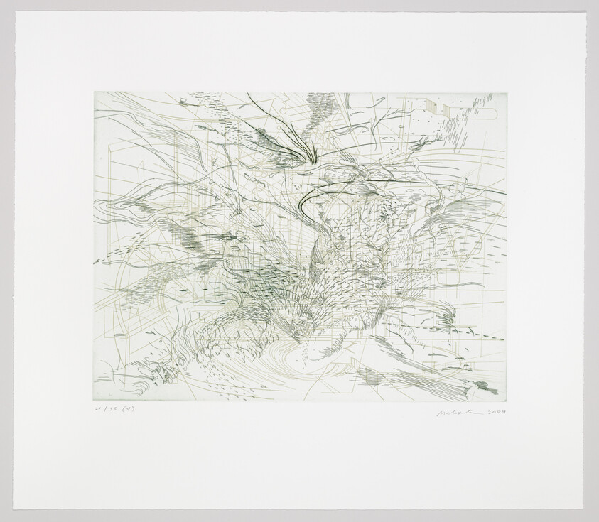 A complex, abstract line drawing with numerous intersecting lines and curves creating a chaotic yet structured image. The artwork is predominantly in black ink on white paper, with some grid-like patterns and swirling forms that suggest movement. The piece is numbered and signed by the artist, dated 2004, and appears to be a print, as indicated by the edition number in the bottom left corner.