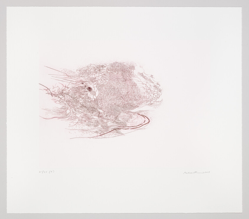 A detailed etching of an abstract design with intricate lines and patterns in red ink on a white background, signed and numbered by the artist.