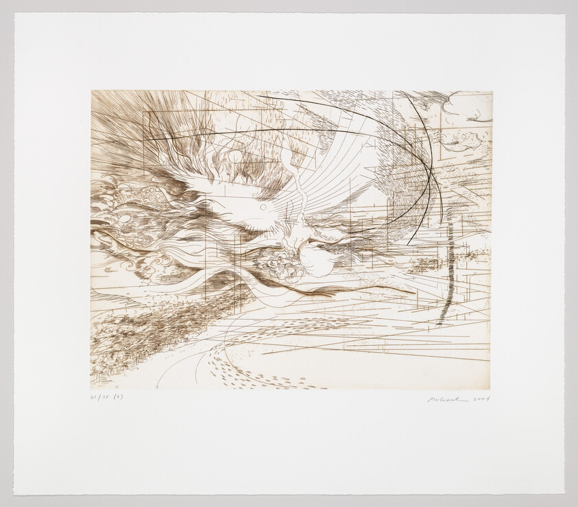 A detailed etching with intricate lines and patterns depicting an abstract scene. The artwork features dynamic, swirling forms and textures that suggest movement, with some areas more densely filled with lines than others. The composition is centered on a square piece of paper, with the artist's signature and the year 2001 at the bottom right corner, and an edition number 21/45 on the bottom left, indicating it's part of a limited series. The print is mounted on a larger, plain white background.