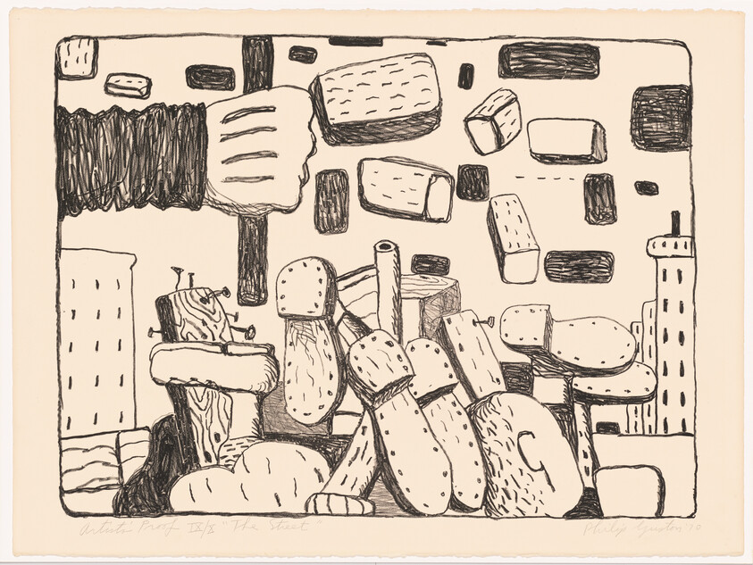 Abstract black and white drawing with blocky shapes, a large fist, and scattered rectangular forms in the background.