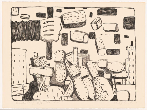 Abstract stacked rounded blocks and pillars form a dense city-like arrangement under floating rectangular shapes.