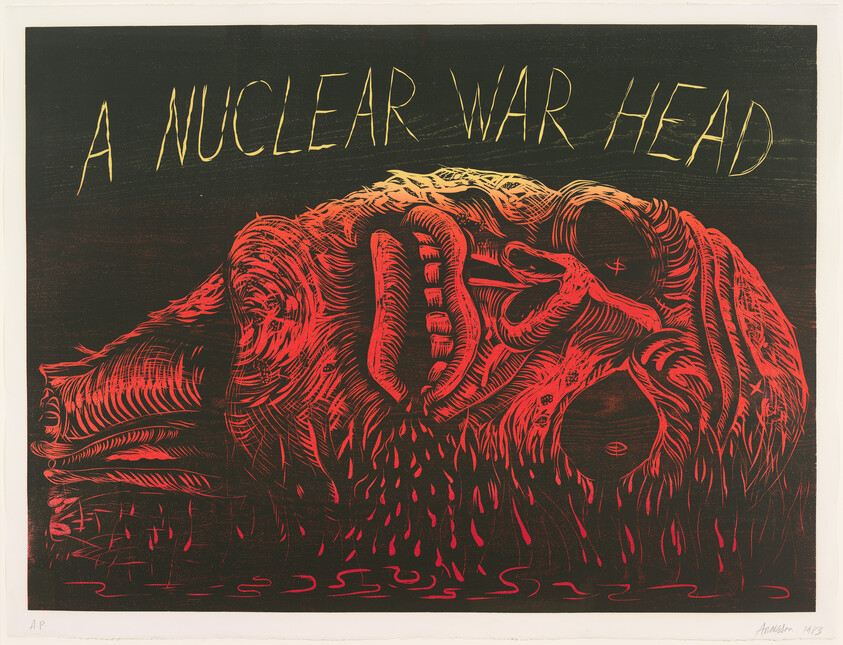 A large red melting skull drips beneath the printed words A NUCLEAR WAR HEAD.