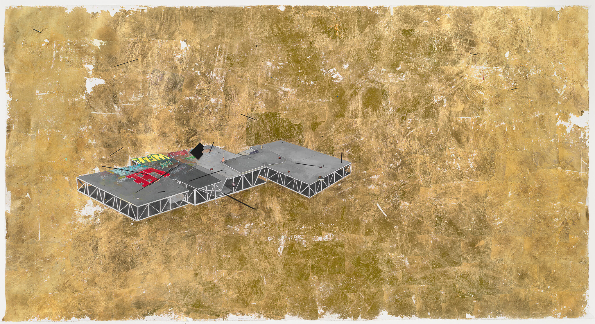 A small modular rooftop platform with graffiti floats against a textured gold background.