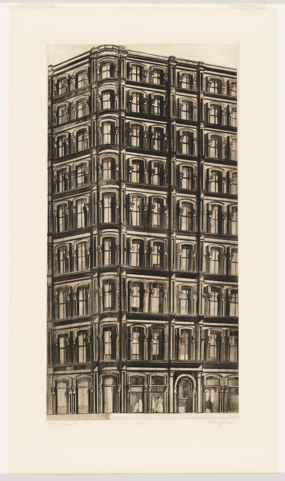 Detailed etching of a multi-story building with ornate window frames and a clear reflection on its facade, signed and dated at the bottom.