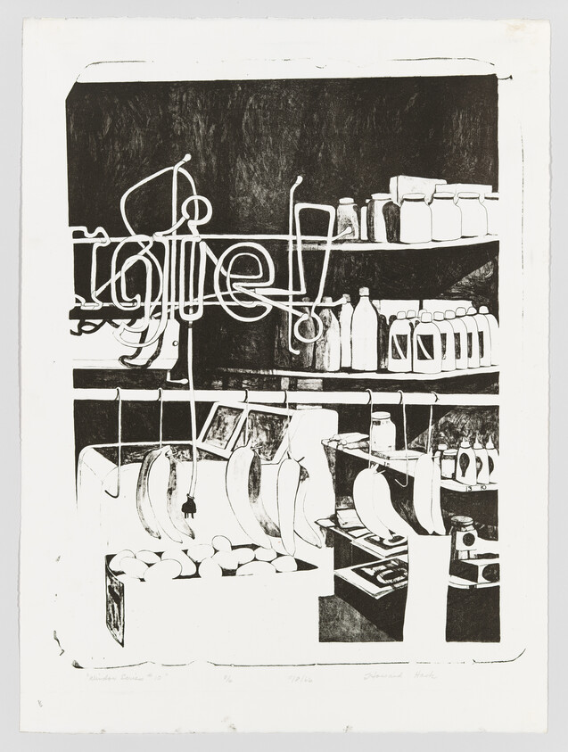 Black-and-white storefront shelf shows hanging bananas, jars, bottles, and a crate of eggs.