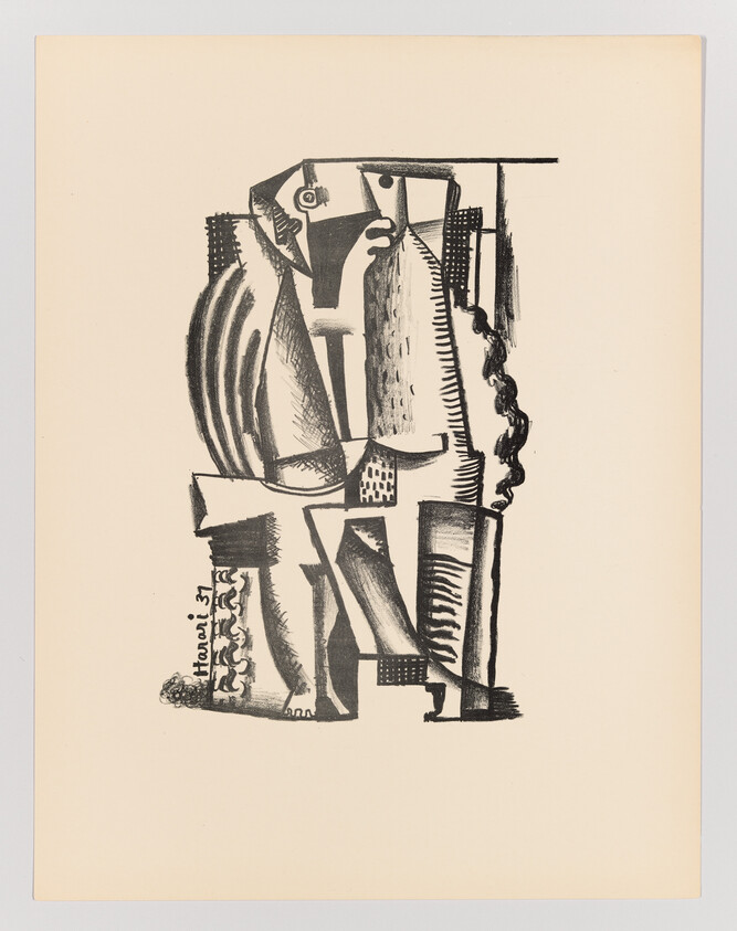A black ink cubist drawing depicting a seated human figure composed of geometric shapes.