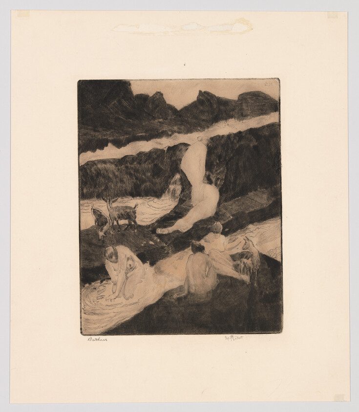 Three women bathe in a rocky stream while goats graze nearby under dark hills.
