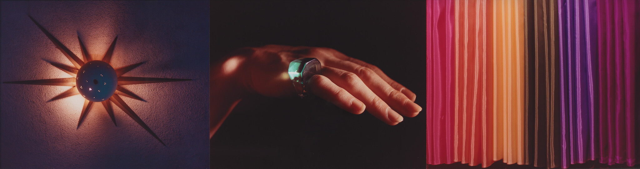 Three-panel composition showing a starburst wall light, a hand with a large ring, and colorful pleated curtains.