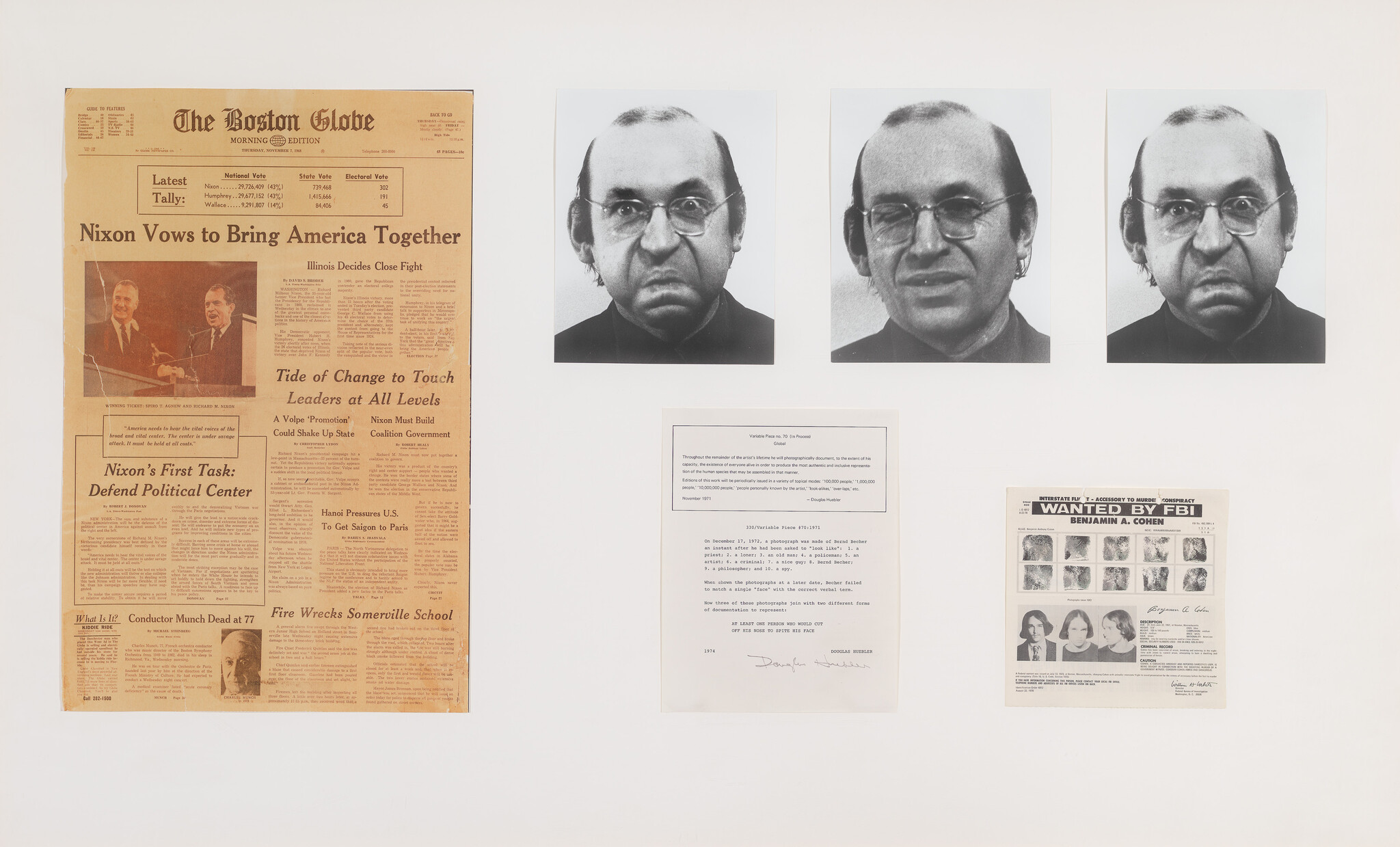 A gallery wall with a Boston Globe front page, three black-and-white headshots, and a wanted poster.
