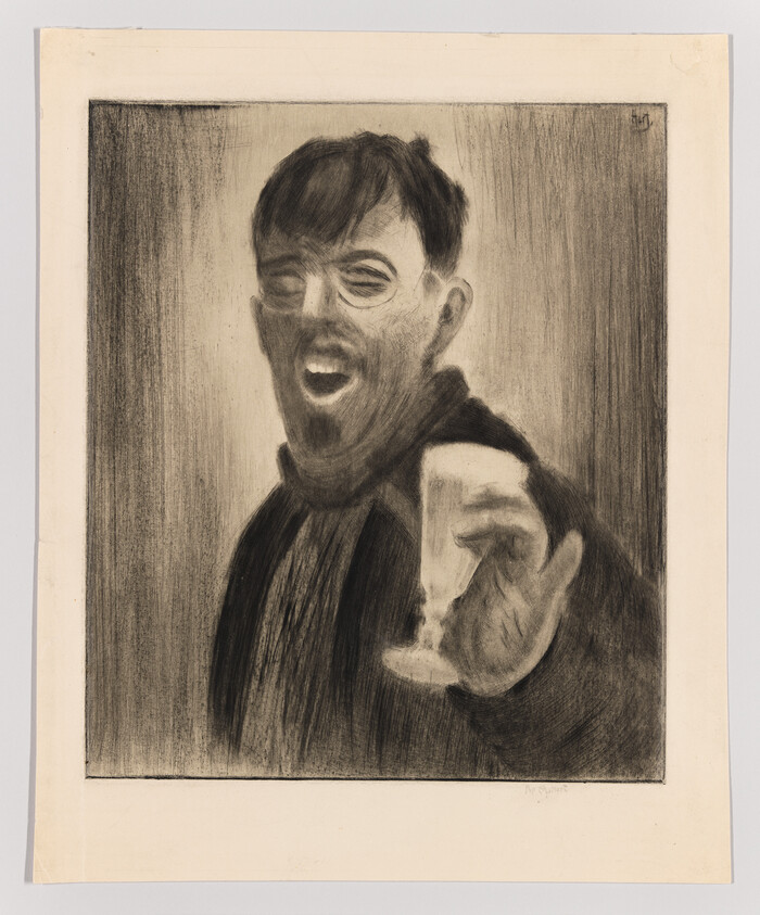 A man wearing glasses raises a drinking glass and laughs in a dark, sketchy portrait.