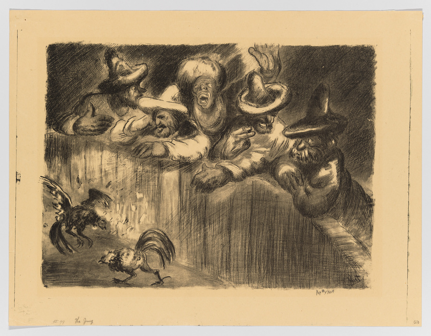 A vintage etching or lithograph depicting a chaotic scene with exaggerated caricatures of people wearing sombreros, seemingly in a state of panic or alarm. Some figures are behind a barrier, while one person is leaning over it, gesturing wildly. Two roosters are in the foreground, one in mid-flight and the other on the ground, adding to the tumultuous atmosphere. The artwork has a dark, sketch-like quality with expressive lines and shading, conveying a sense of movement and confusion.