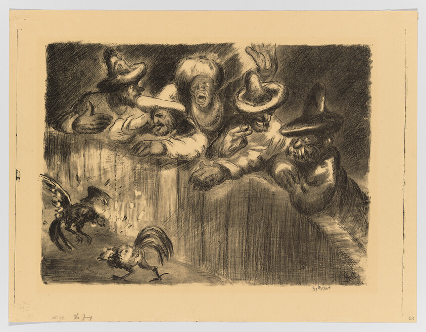 Several men in hats lean over a railing, shouting as two roosters fight below.
