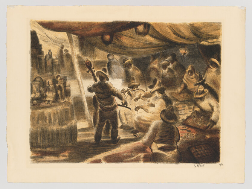 A group of musicians plays string instruments inside a dim tent while people watch and gather.