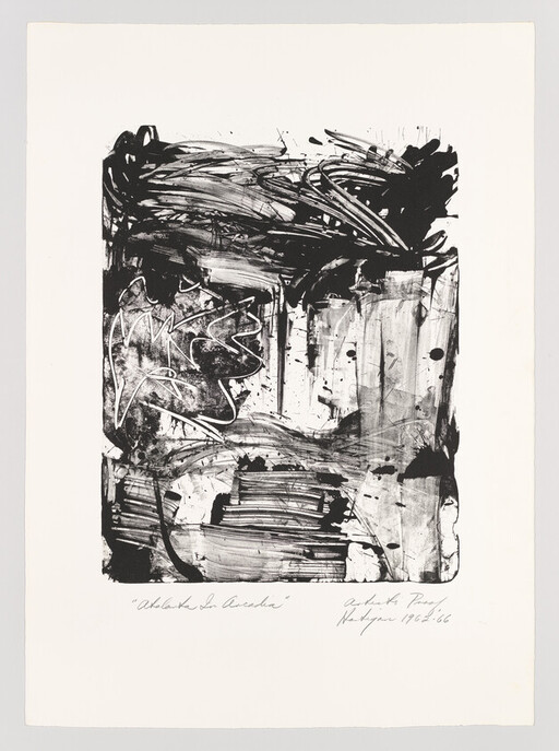 Abstract black-and-white composition with bold sweeping brushstrokes and layered textured marks.