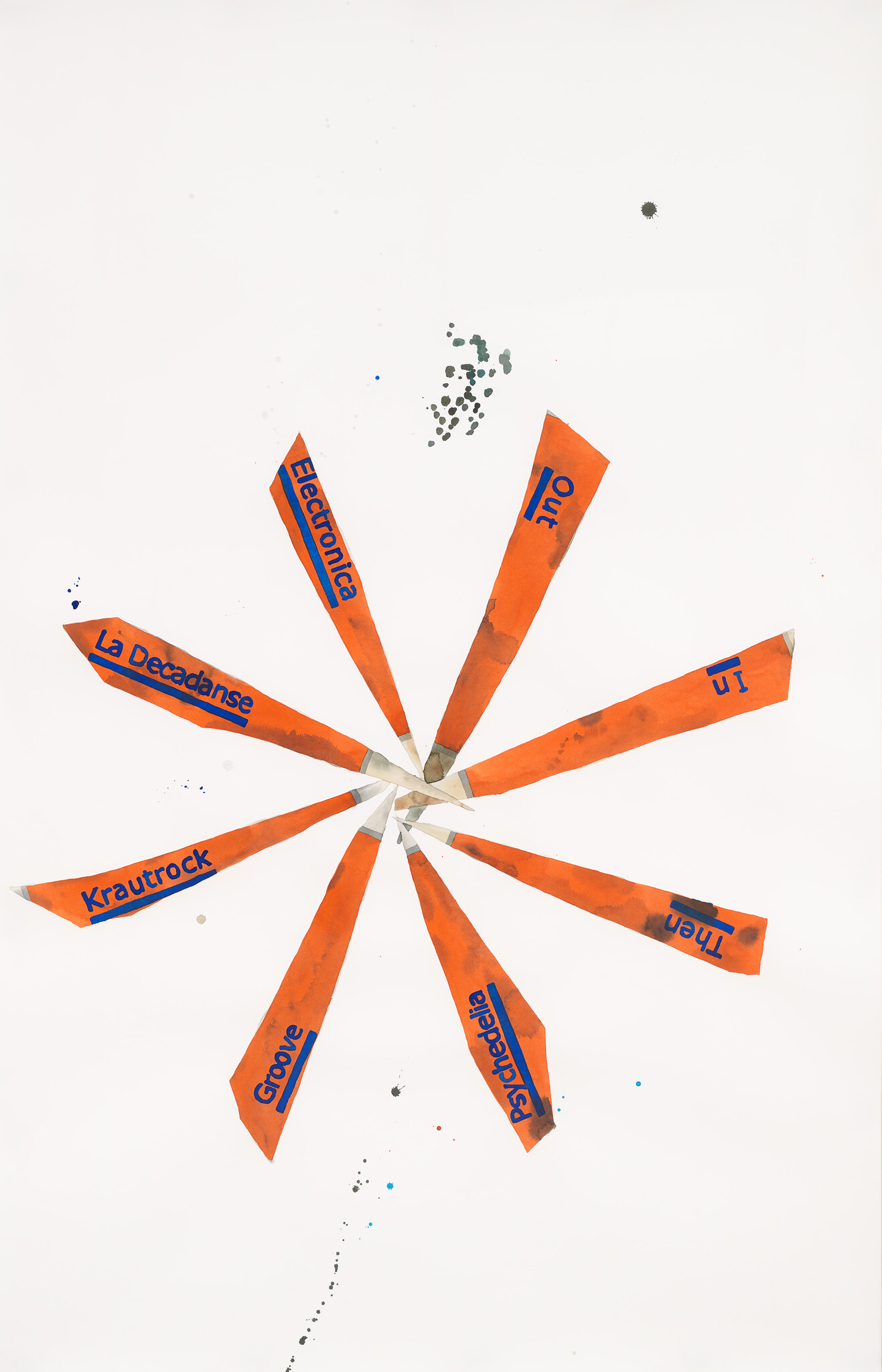 Orange paper strips labeled with music genres radiate outward from a central point like a star.
