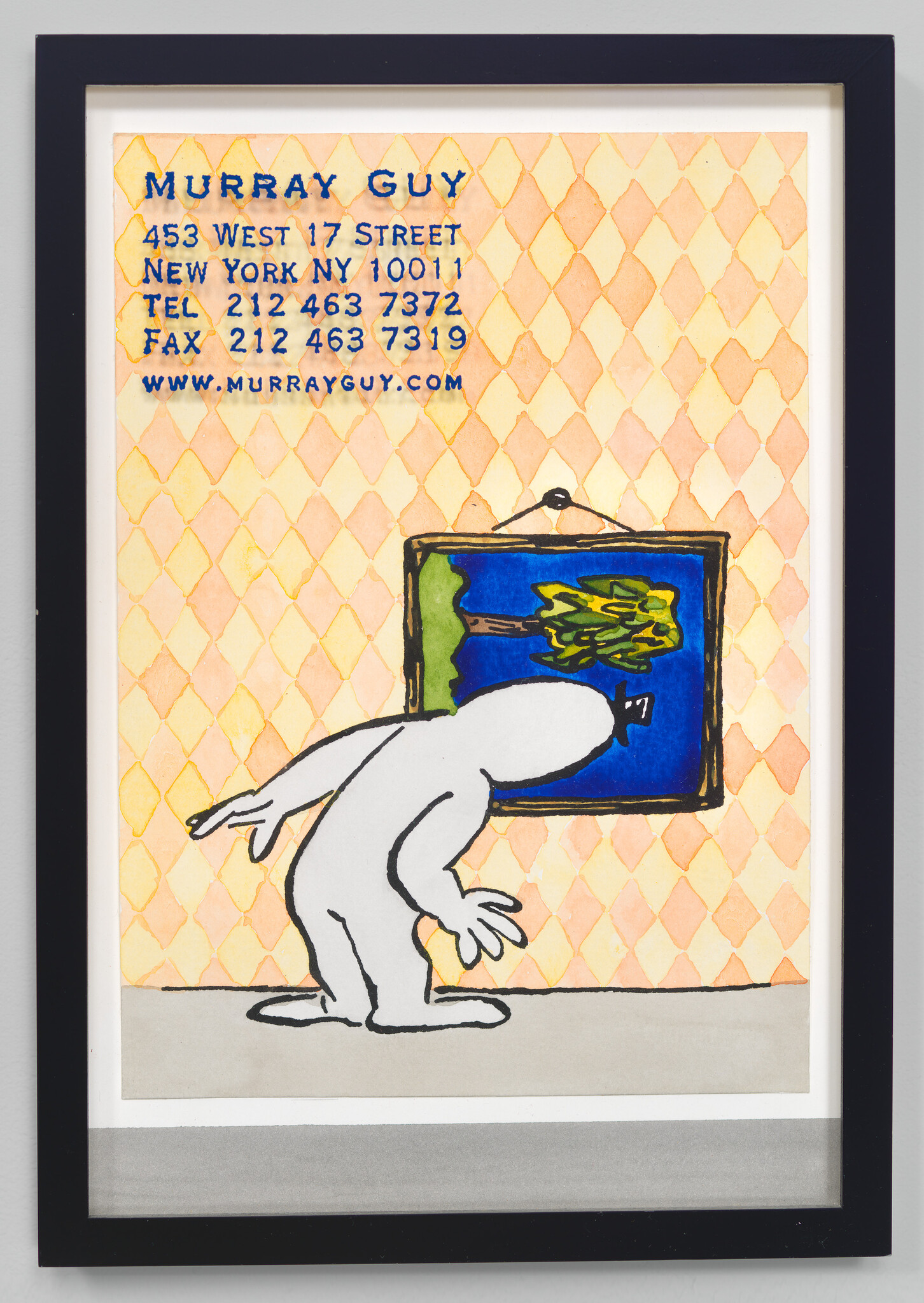 A white cartoon figure leans headfirst into a small framed painting on a patterned wall.