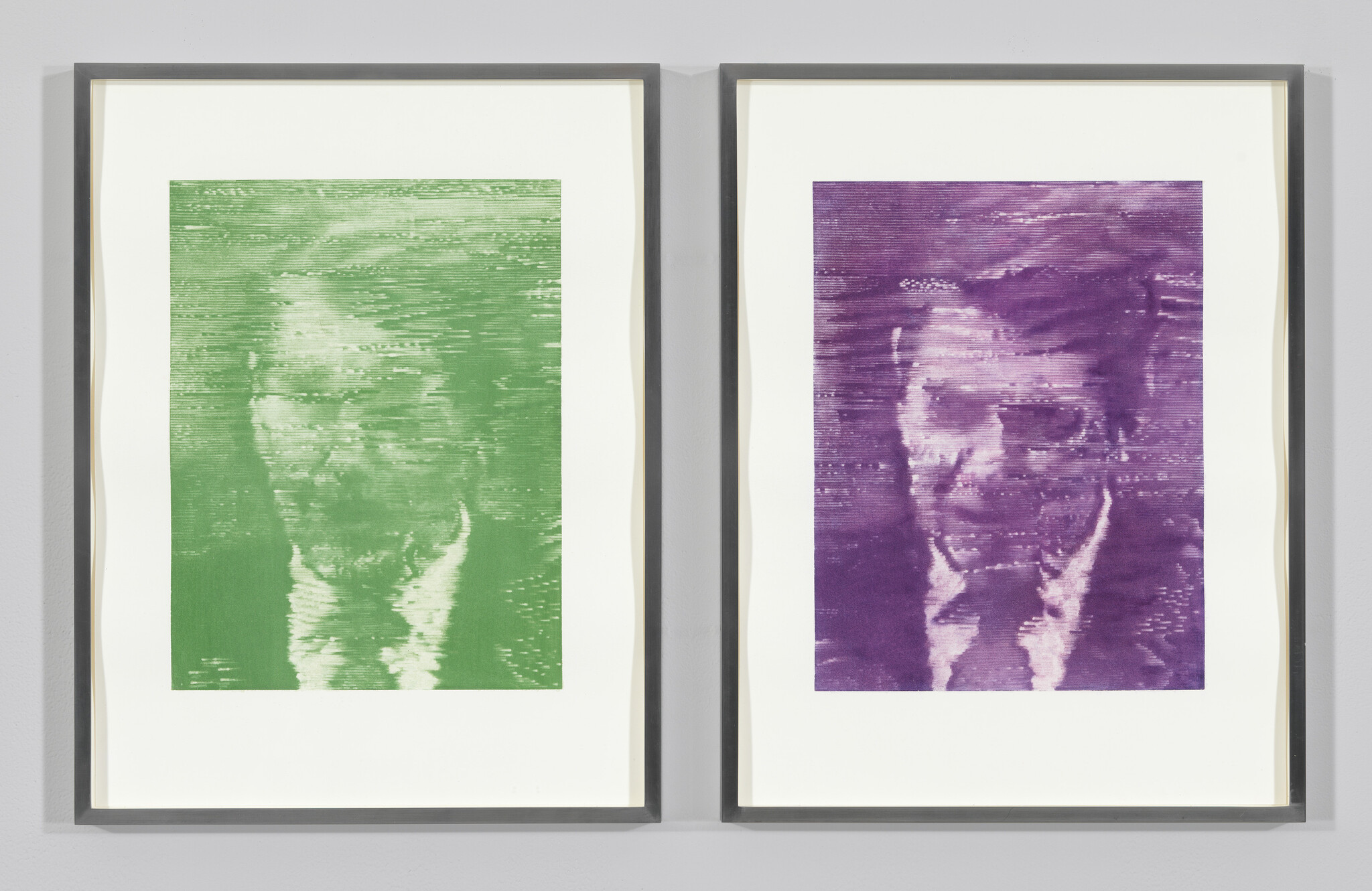Two framed, textured portraits with green and purple color washes showing blurred male faces.