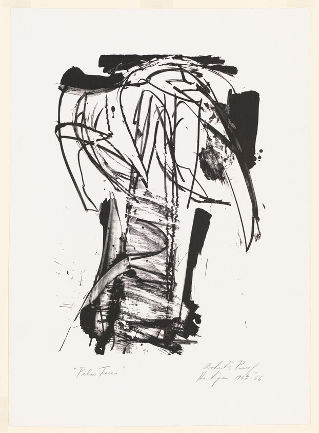 Abstract black ink painting of a palm tree-like form with bold sweeping strokes.