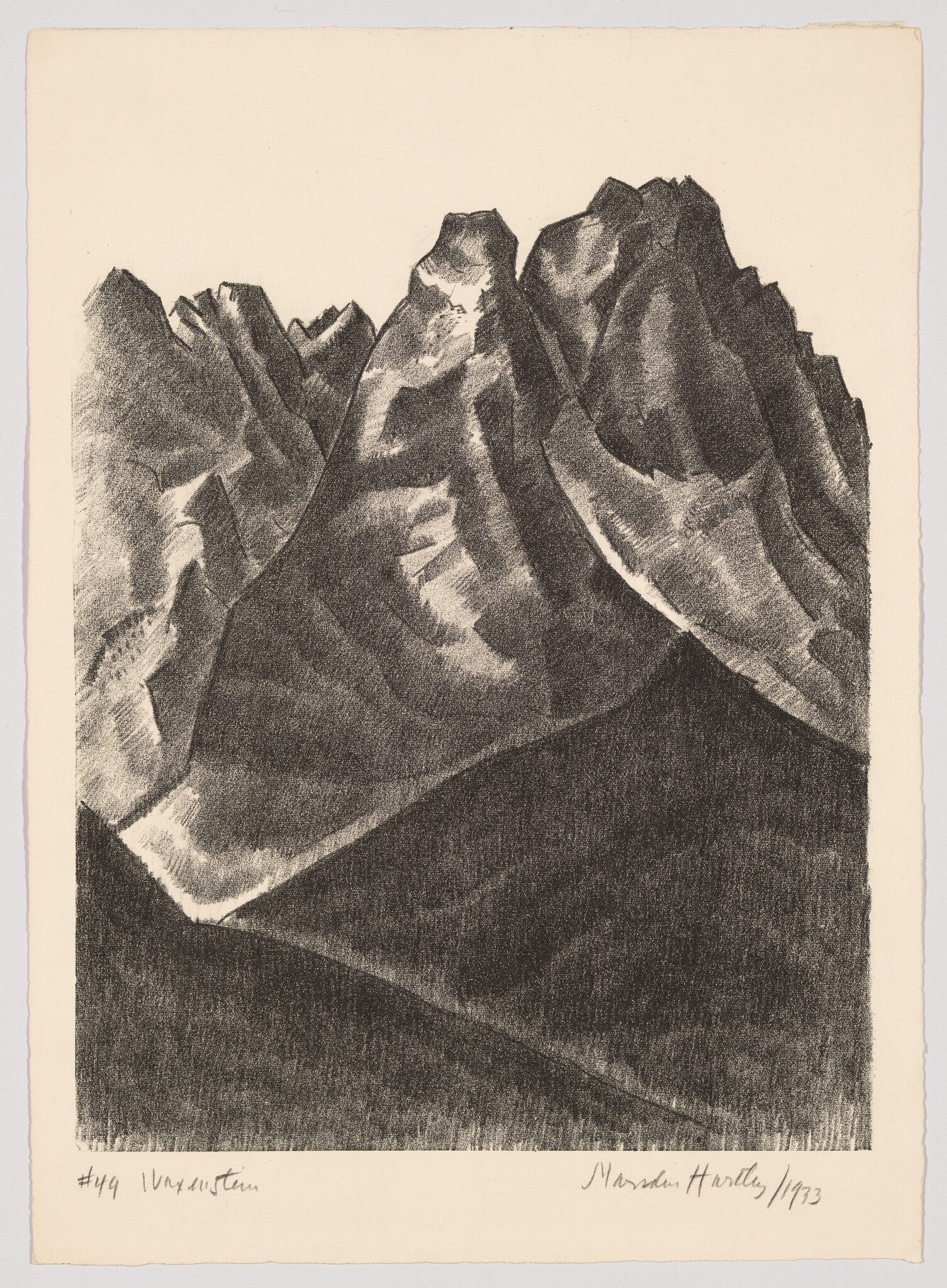 Dark, jagged mountain peaks rise above shadowed slopes in a monochrome print.