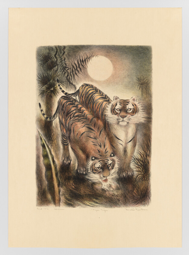 Two tigers walk through dense night foliage under a bright full moon.