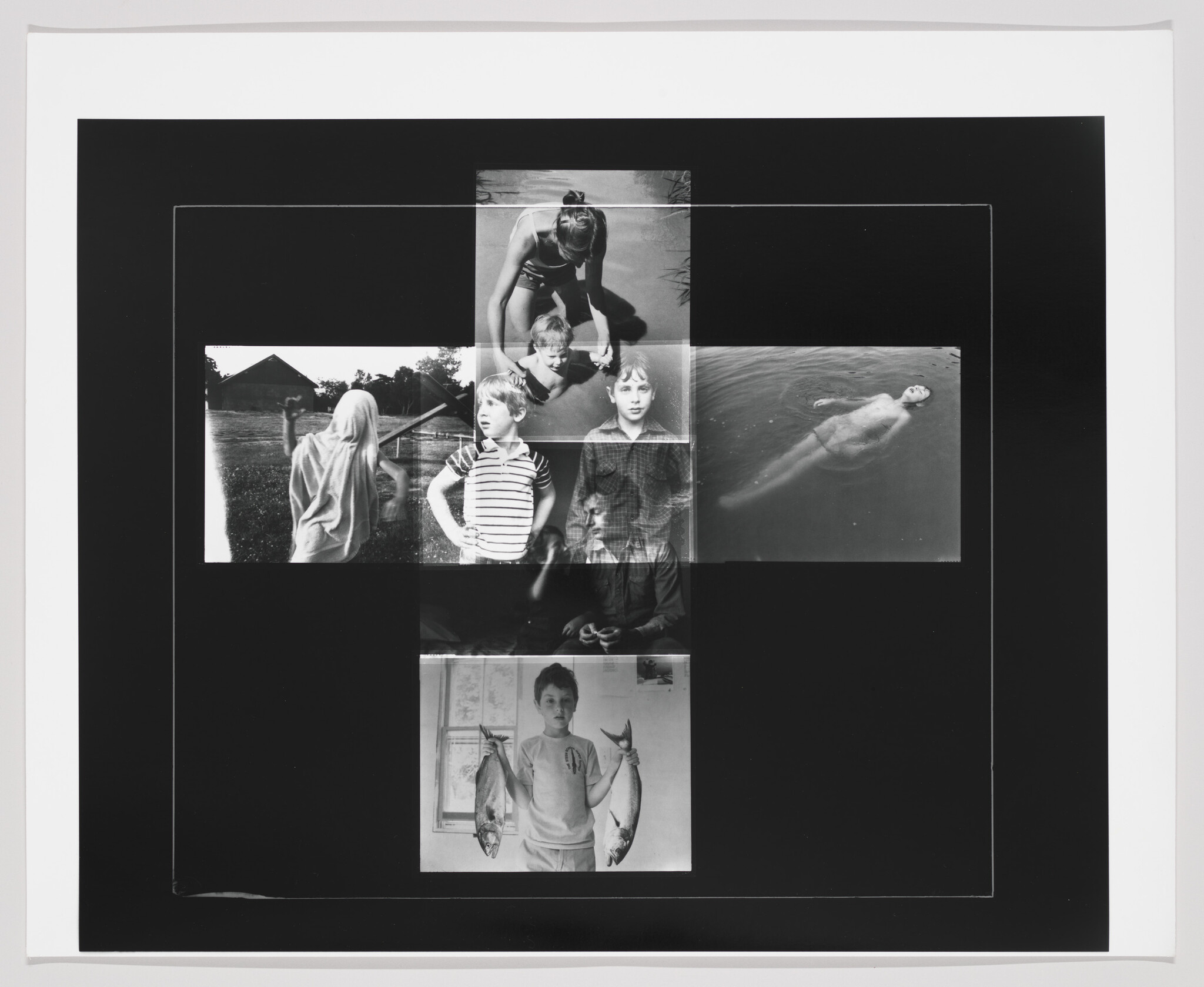 Montage of childhood scenes showing children swimming, standing together, and a boy holding two fish.