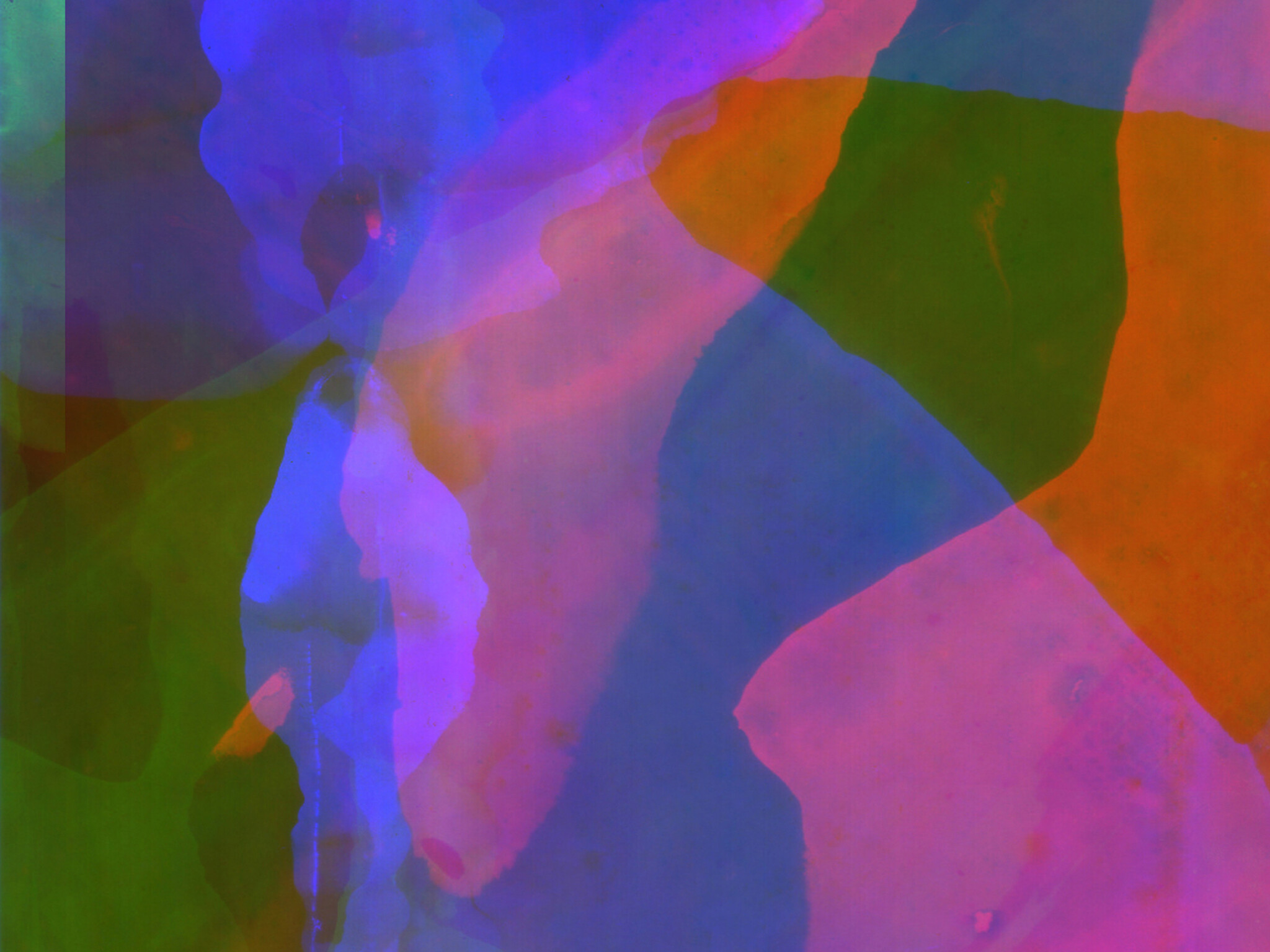 Overlapping translucent shapes in blue, pink, green, and orange create a soft abstract composition.