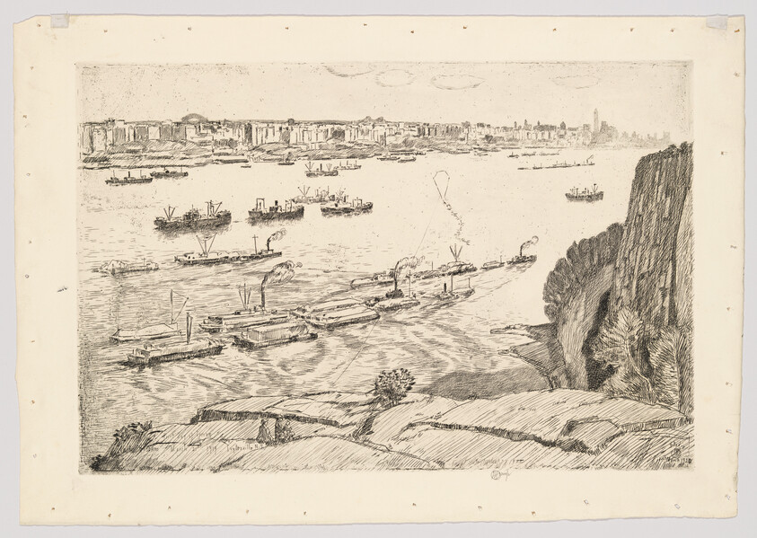 Several steam and sail barges move along a wide river toward a distant city skyline, viewed from rocky cliffs.