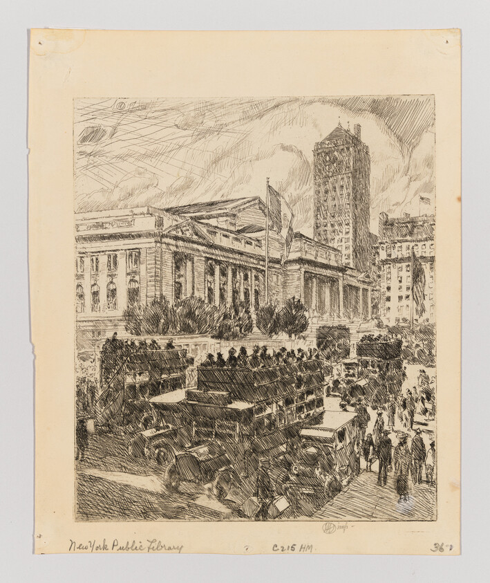 Crowds board double-decker buses in front of the New York Public Library steps with tall buildings behind.