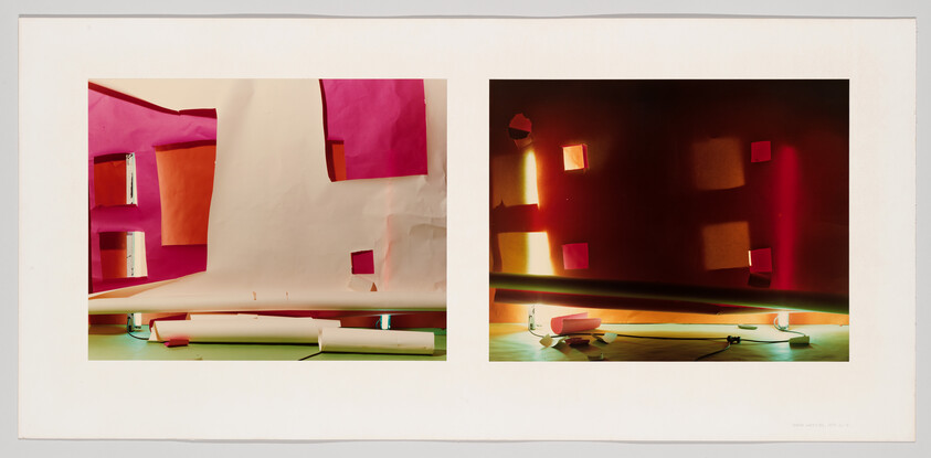 A photograph of two side-by-side images depicting abstract compositions with vibrant colors. The left image shows a collage of pink and orange paper with a visible tear, revealing layers beneath. The right image features a dark background with illuminated colored rectangles and a central beam of light, creating a sense of depth and shadow play. Both images are mounted on a white background with the artist's name and date inscribed in the lower right corner.