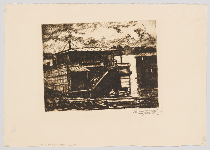 An etching depicting a scene of boat houses with textured shading, showcasing the contrast of light and shadow. The artwork is signed by Harry Sternberg in the lower right corner, with the title "BOAT HOUSES - HARRY STERNBERG" written in the lower left. The print has a rough, expressive quality, capturing a sense of rustic charm and architectural detail.