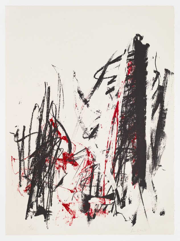 Abstract composition of bold black and red brushstrokes and scribbles on a white background.