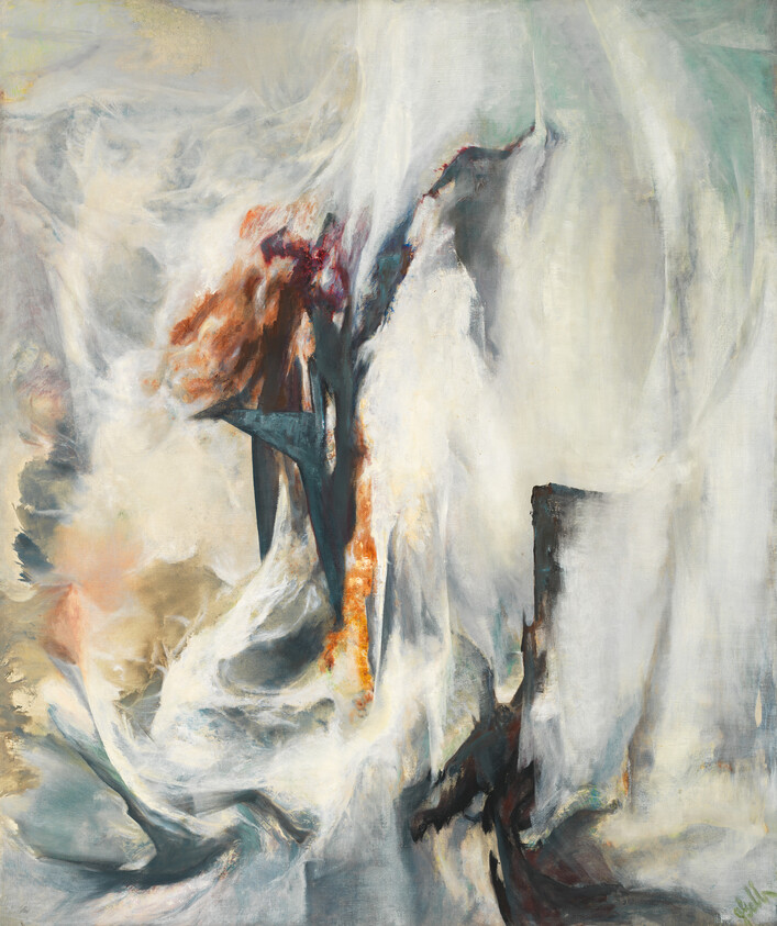 Swirling white and gray abstract painting with rust-colored accents and dark triangular shapes.