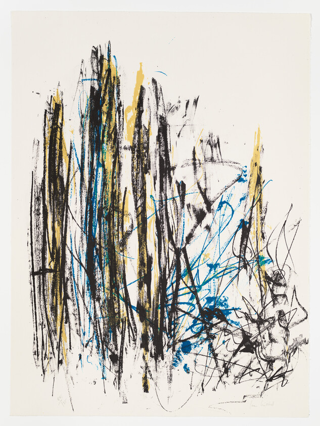 Abstract painting with tall black and gold vertical strokes and energetic blue scribbles across the canvas.