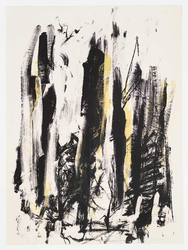 Bold black vertical brushstrokes with yellow accents on a white background create an abstract forest.